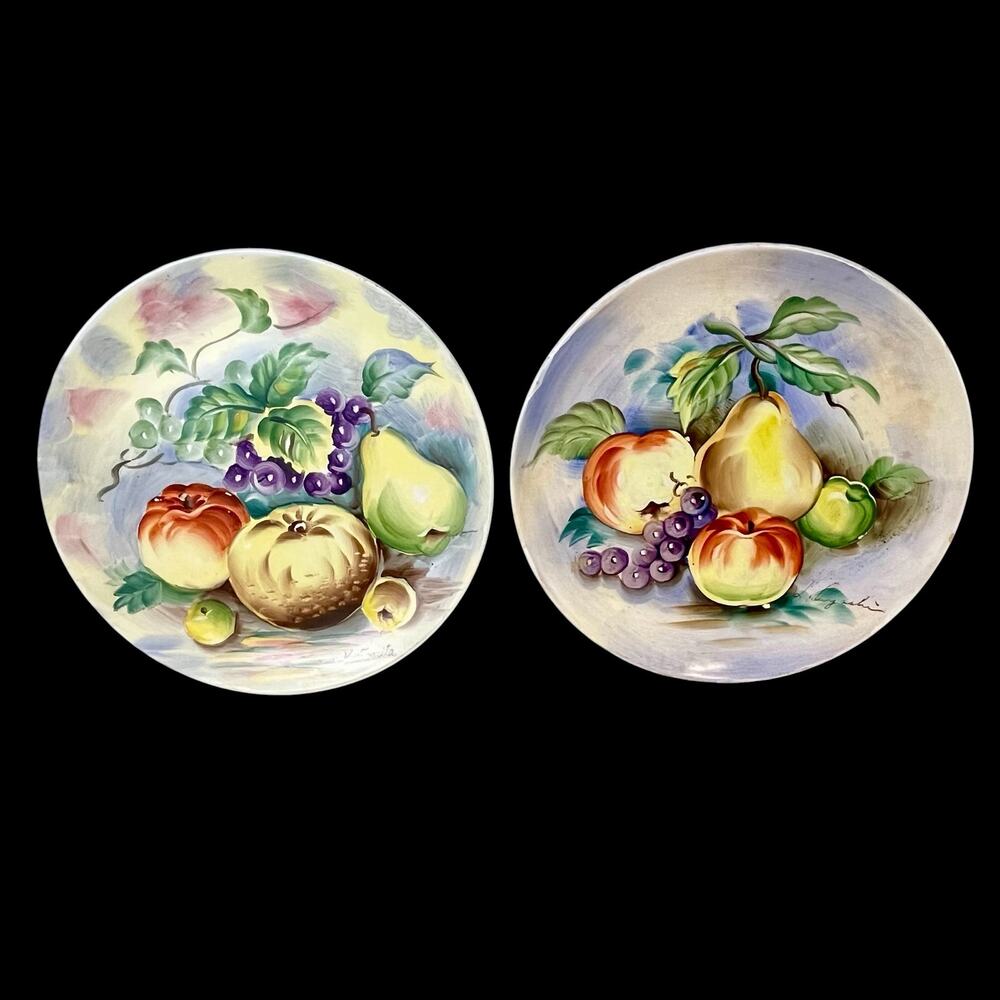 2 Vtg Norleans Japan Fruit Wall Plates Signed Mid Century Shabby Gallery Wall 8”